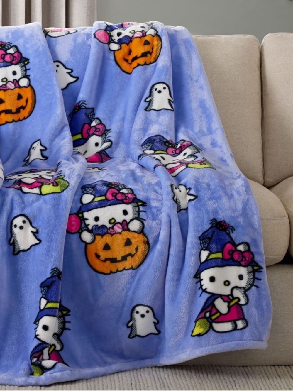 Hello Kitty Lavender Halloween Throw Blanket with Pumpkins & Ghosts